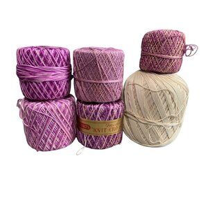 Lot Of 7 J&P Coats Knit-Cro-Sheen Thread Balls Purple & Beige - 100% Mercerized